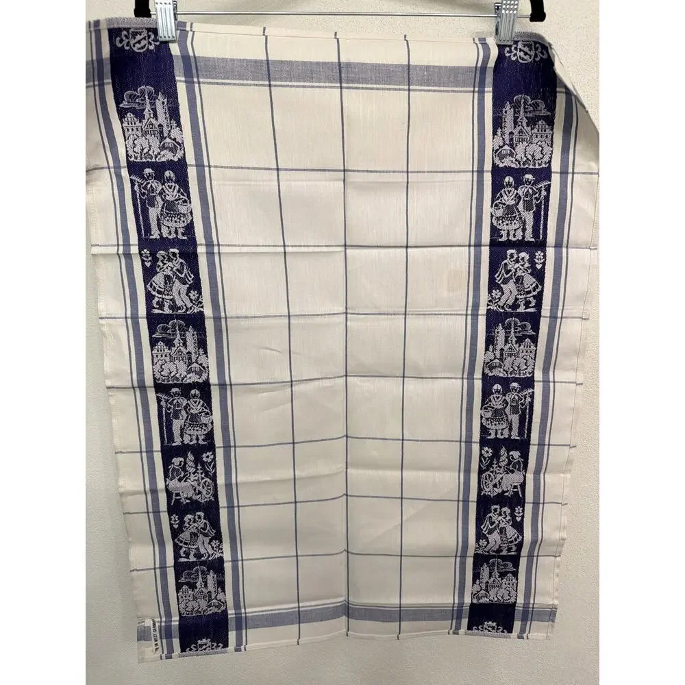 Vtg Blue White German Folk Theme Design Linen Kitchen Tea Towels Grandma Core
